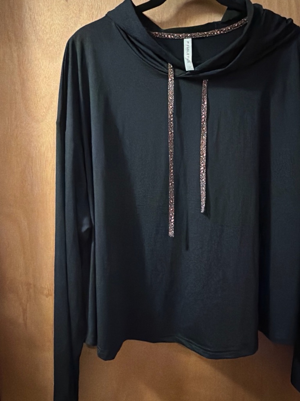 Fabletics Black Cowl Neck Hoodie with cheetah print Drawstrings